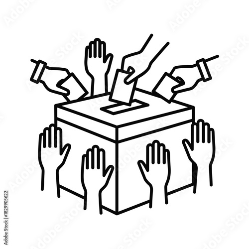 People Casting Votes into a Ballot Box - Election & Democracy Line Art Icon