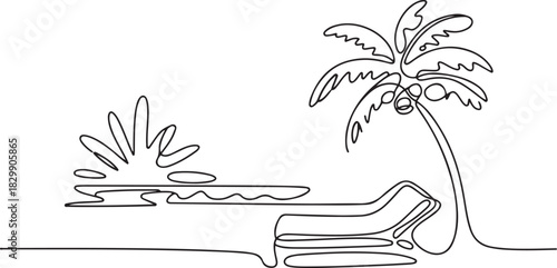 continuous line drawing of coconut tree and beach mattress Tourism beach sea vector illustration. one line Icon drawing