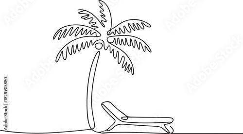 continuous line drawing of coconut tree and beach mattress Tourism beach sea vector illustration. one line Icon drawing