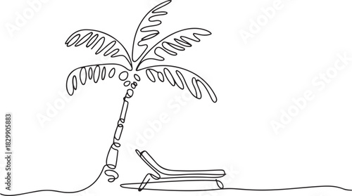 continuous line drawing of coconut tree and beach mattress Tourism beach sea vector illustration. one line Icon drawing