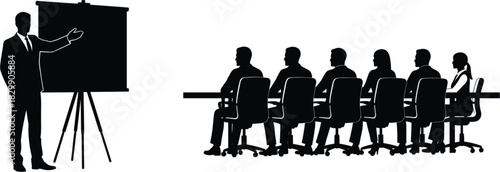 Business presentation vector silhouette illustration of a corporate team meeting showing an executive leading a professional discussion with colleagues in the boardroom