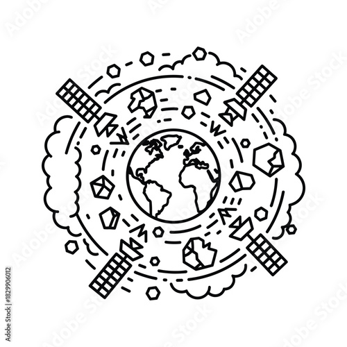Earth with Satellites and Space Debris Orbiting - Line Art Illustration