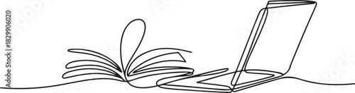 Continuous line art or one line drawing of a book on a computer. Vector illustration of modern education and technology. one line Icon drawing