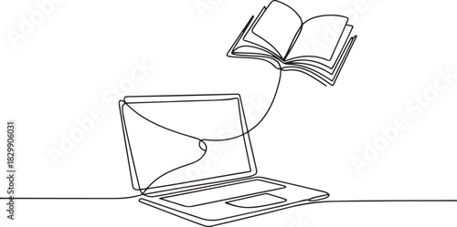 Continuous line art or one line drawing of a book on a computer. Vector illustration of modern education and technology. one line Icon drawing