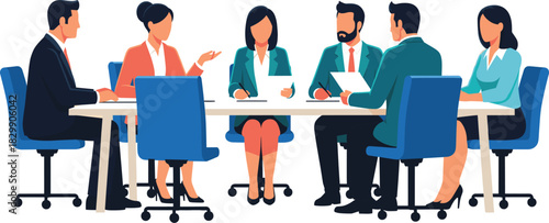 Professional Business Team Meeting Vector Illustration with Diverse Colleagues Sitting Around a Table Collaborating  Discussing Ideas and Working Together in an Office Environment