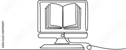 Continuous line art or one line drawing of a book on a computer. Vector illustration of modern education and technology. one line Icon drawing