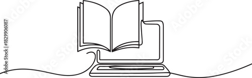 Continuous line art or one line drawing of a book on a computer. Vector illustration of modern education and technology. one line Icon drawing