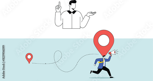 Vector Illustration of a Businessman Running with a Megaphone Following a Dotted Line Path Between Location Pins Concept of Marketing Navigation and Spreading a Message
