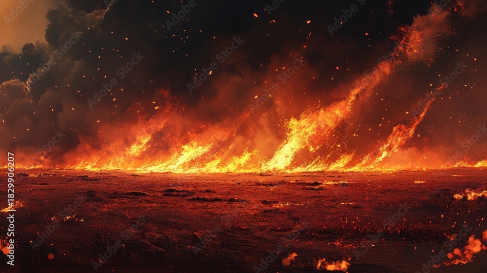 Fototapeta premium An intense wildfire scene vividly depicting roaring flames and thick smoke sweeping across a desolate landscape