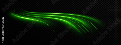 Png effect with green speed wave and line. Light cartoon laser with glow and green. Png effect neon energy hero twirl futuristic design trail bolt wind ray bg thunder white lens street banner.