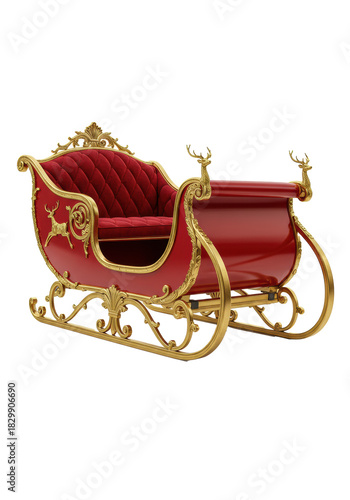 a magnificent, empty santa claus sleigh, with polished candy apple red lacquer, crimson velvet, and baroque 24k gold runners, isolated on a transparent studio background. concept of opulent festive