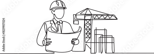 continuous line drawing engineer building Construction supervision vector illustration simple. one line Icon drawing