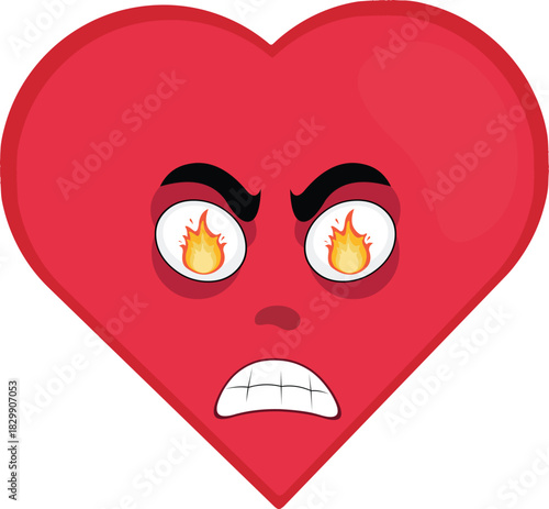 vector illustration emoticon character face fox animal, with a furious expression and fire flame in his eyes