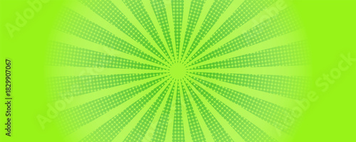 Green comics background. Abstract lines backdrop. Bright sunrays. Design frames for title book. Texture explosive polka. Beams action. Pattern motion flash. Rectangle fast boom. Vector illustration