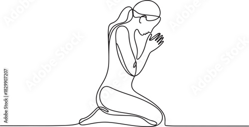 Continuous line drawing of Christian women prayer, vector illustration. one line Icon drawing