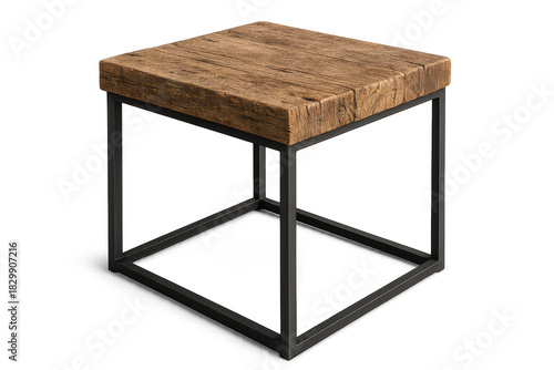 Stylish wooden top industrial side table isolated on transparent background