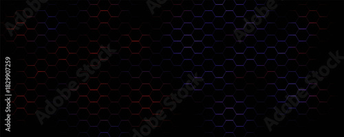 Dark hexagon abstract technology background with violet and peach colored bright flashes under hexagon. Hexagonal gaming vector abstract tech background.
