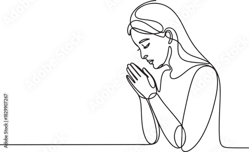 Continuous line drawing of Christian women prayer, vector illustration. one line Icon drawing