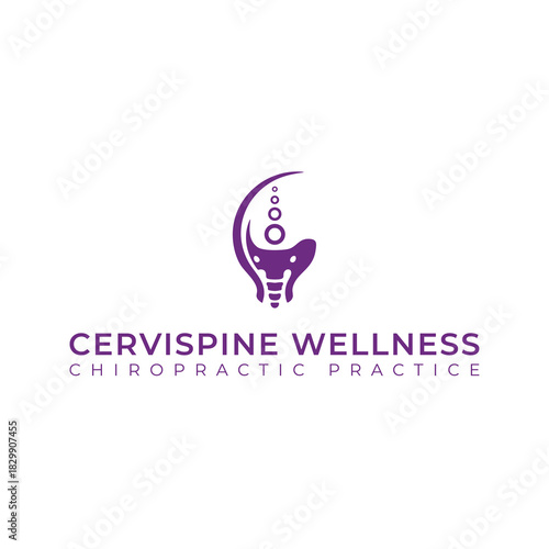The modern, abstract chiropractic logo is purple. The top cervical vertebra transitions into circles, representing the initial step in addressing the upper cervical region and offering gen