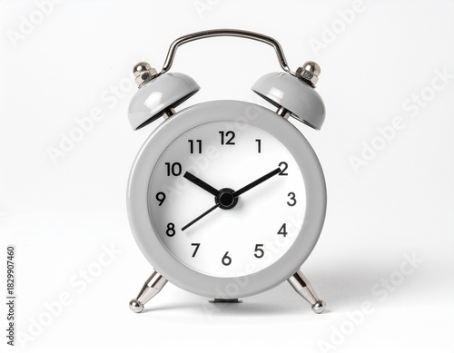 Close up of a Grey Alarm Clock on White Background