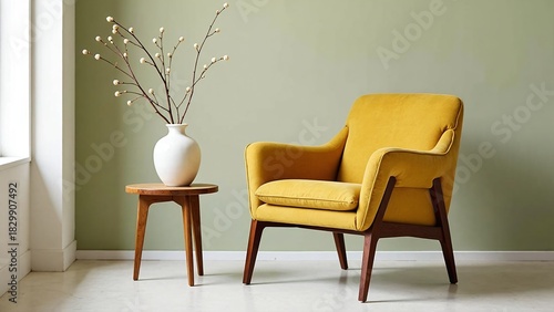 Stylish Mid-Century Modern yellow armchair paired with a minimalist wooden side table and a decorative vase, creating a cozy and inviting living space with ample copy space for design projects