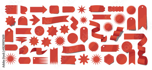 red promo sticker collection, featuring sale and discount stickers, price tags, starburst badges, coupon banners, shopping labels, and adhesive offer stickers, designed for retail, e-commerce, and pro
