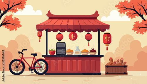 Red festive food stall with bowls of traditional asian dishes beside bicycle in autumn park setting. Concept of seasonal culinary culture