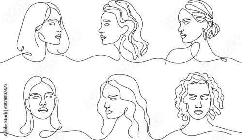 Continuous line, drawing of set faces and hairstyle, fashion concept, woman beauty minimalist, vector illustration for t-shirt. one line Icon drawing