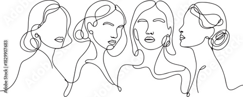 Surreal Faces Continuous line, drawing of set faces and hairstyle, fashion concept, woman beauty minimalist. one line Icon drawing