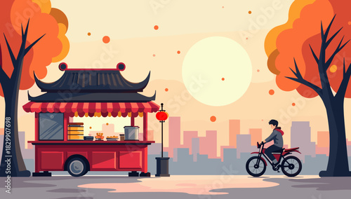Red street food cart under autumn trees with steaming dishes and cyclist passing by at sunset. Concept of seasonal asian cuisine