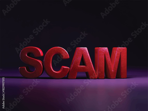 3D rendered red letters spelling scam with ominous lighting effect