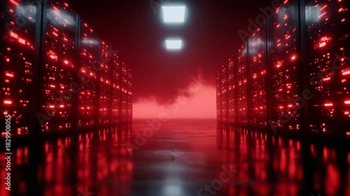 Wallpaper Mural Dramatic low-light composition of data center servers under red emergency lighting, misty atmosphere emphasizing the urgency of a system alert Torontodigital.ca