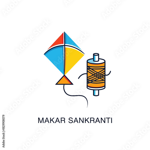 Colorful Kite and Spool of Thread Celebrating Makar Sankranti Festival.