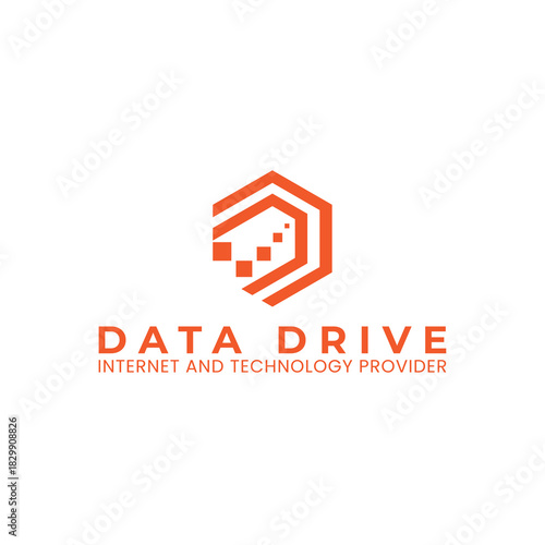 The modern geometric logo features the letter "D" inside a hexagon. It symbolizes digital construction and structured security. Orange lines and fading squares represent data flow and IT expertise.