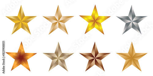 Collection of eight metallic stars in gold silver, bronz,e and copper colors