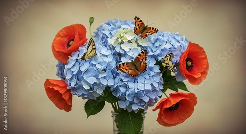 Vibrant Bouquet of Blue Hydrangeas and Red Poppies with Butterflies.