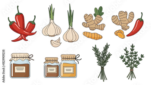 Assortment of Fresh Spices and Herbs with Jars of Preserves.