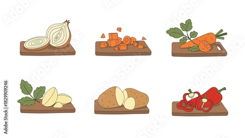 Assortment of Freshly Chopped Vegetables on Wooden Cutting Boards.
