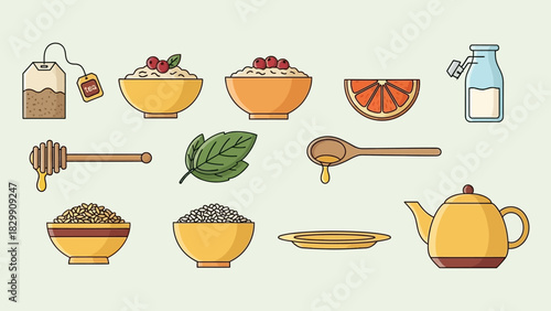 Assortment of Healthy Breakfast Ingredients and Tea Time Elements.