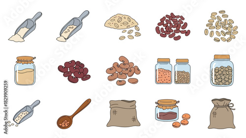 Assortment of Grains, Beans, and Seeds in Scoops, Jars, and Sacks.