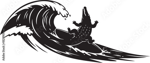 Silhouette of a crocodile battling a giant crashing wave