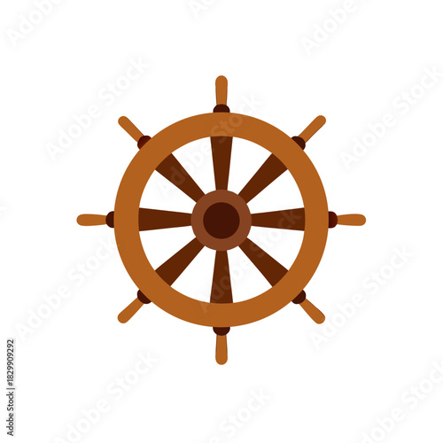 Illustration of a classic wooden ship steering wheel on transparent background