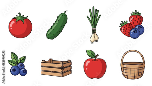 Assortment of Freshly Harvested Fruits and Vegetables with Basket and Crate.