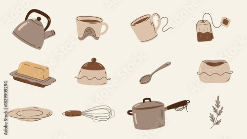 Assortment of Kitchenware and Tea Time Essentials Illustration.