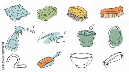 Collection of cleaning supplies and tools for household chores.