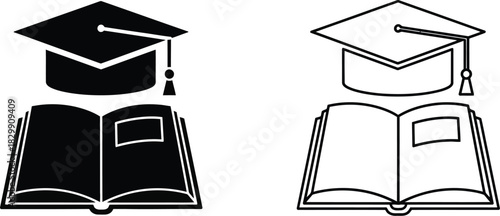 Graduation cap with open book icons black and white vector illustration