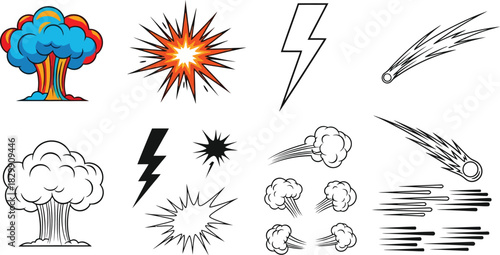 Cartoon illustrations of explosions lightning smoke and shooting stars