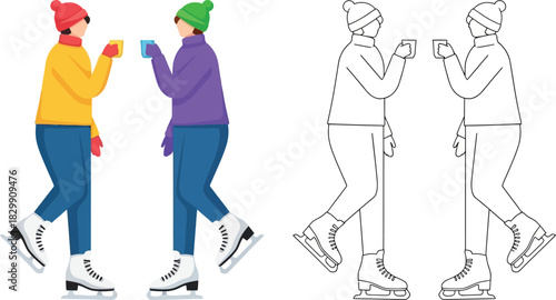 Two people ice skating together presented in color and outline versions