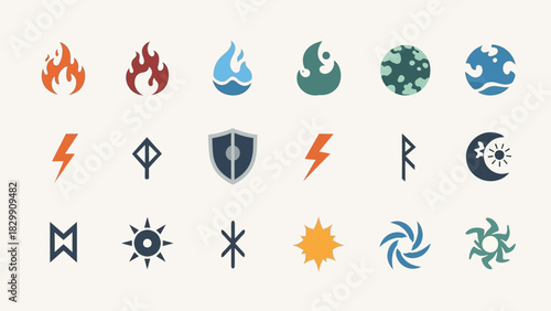 Collection of elemental and mystical symbols in a flat design style.