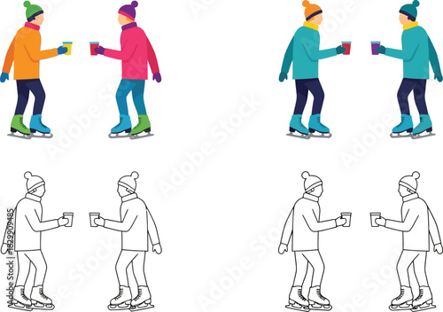 Colorful ice skaters and their black and white line art counterparts